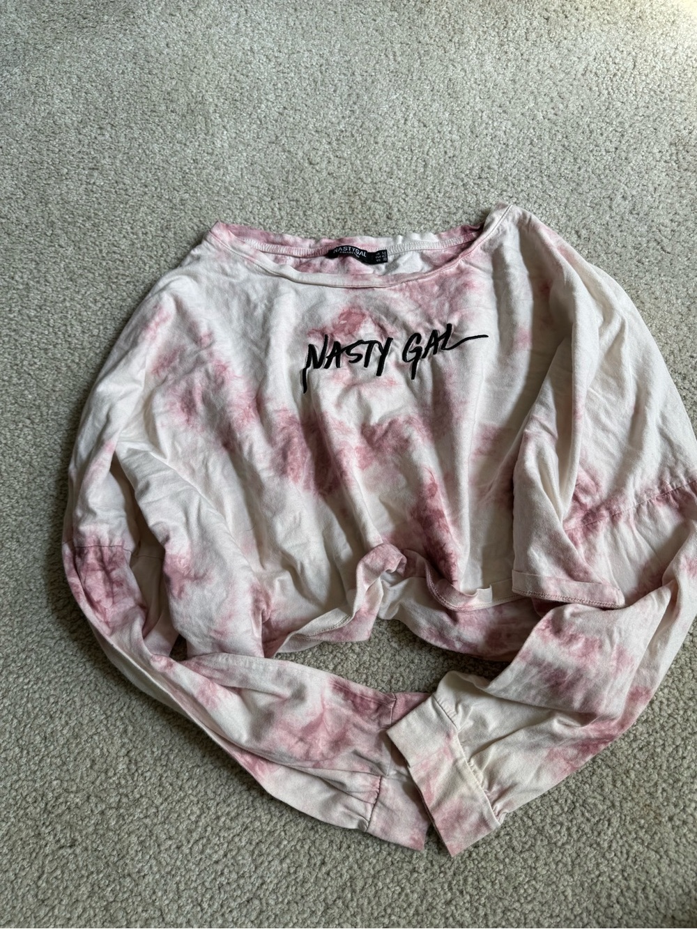 Nasty Gal White and Pink Tie-Dye Cropped Sweatshirt Y2K